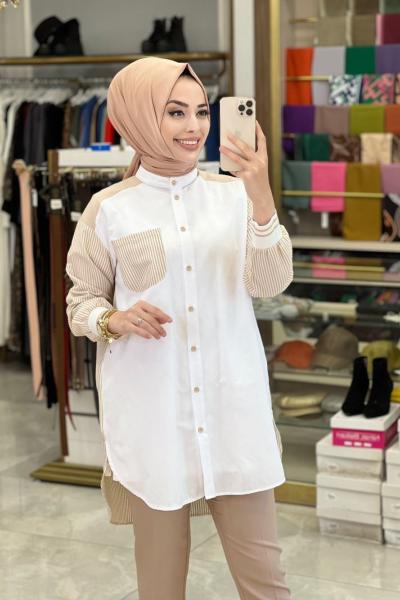 2254 Kol Ve Arkası Çizgili Yakasız Gömlek Bej