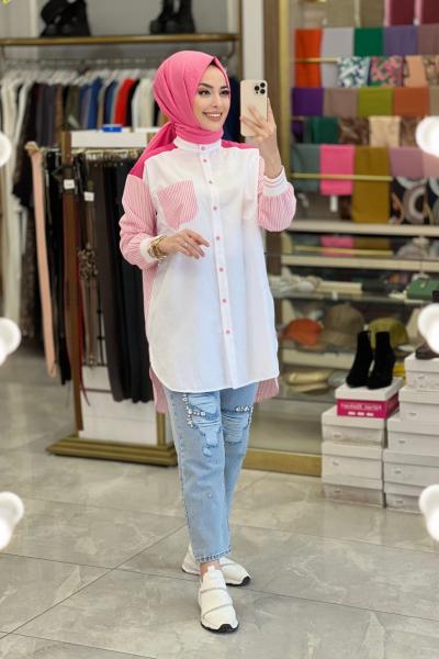 2254 Kol Ve Arkası Çizgili Yakasız Gömlek Fuşya