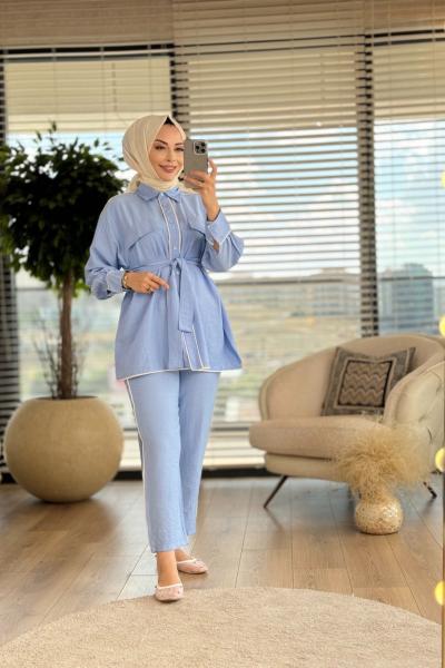 22547 Gofre Biye Detaylı Takım Mavi