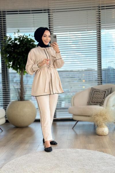 22547 Gofre Biye Detaylı Takım Bej