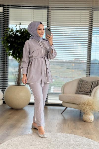 22547 Gofre Biye Detaylı Takım Gri