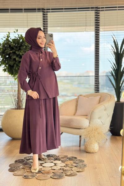 22555 Yandan Bağlamalı Düğme Detaylı Takım Bordo