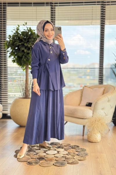 22555 Yandan Bağlamalı Düğme Detaylı Takım Lacivert