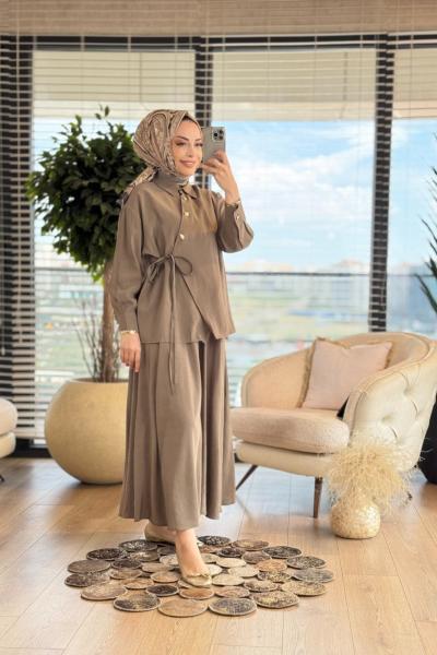 22555 Yandan Bağlamalı Düğme Detaylı Takım Haki