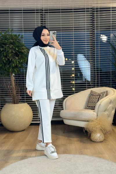 22568 Ön Ve Pantolon Yanı Şerit Detaylı Takım Ekru