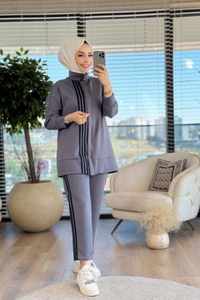 22568 Ön Ve Pantolon Yanı Şerit Detaylı Pantolon Antrasit