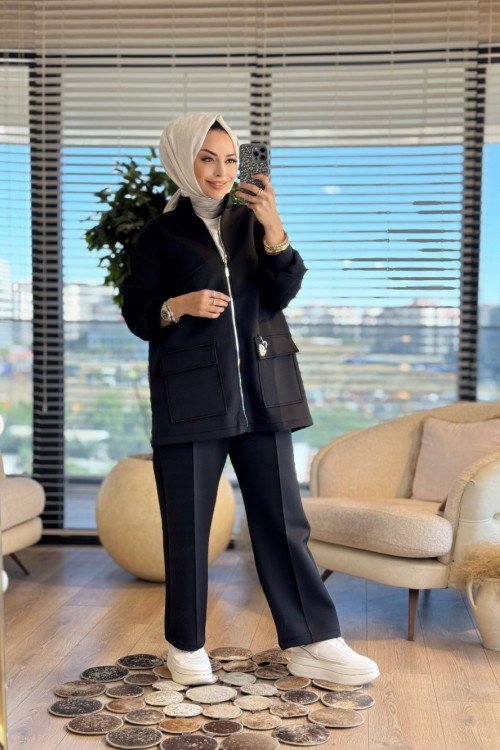 22571 Önden Cepli Fermuarlı Takım Siyah
