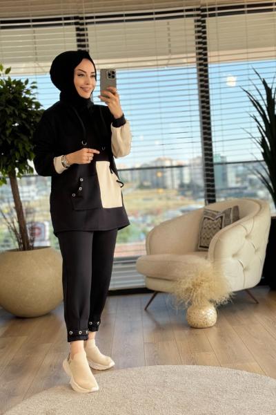 22574 Paça Ve Cebi Kuşgözü Metal Detaylı Takım Siyah