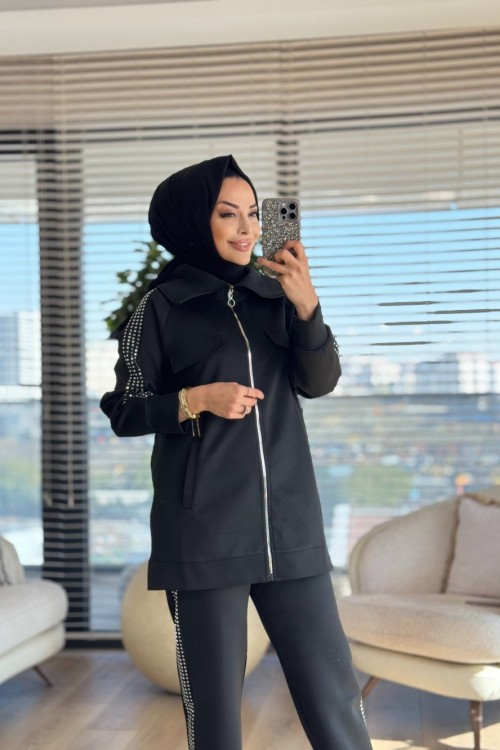 22578 Kol Pant.Yanı Taş Baskılı Takım Siyah