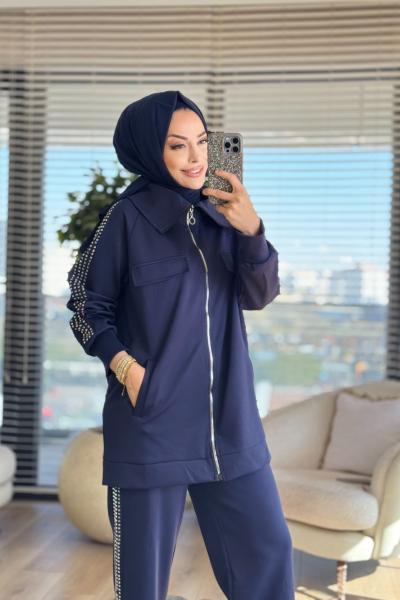22578 Kol Pant.Yanı Taş Baskılı Takım Lacivert