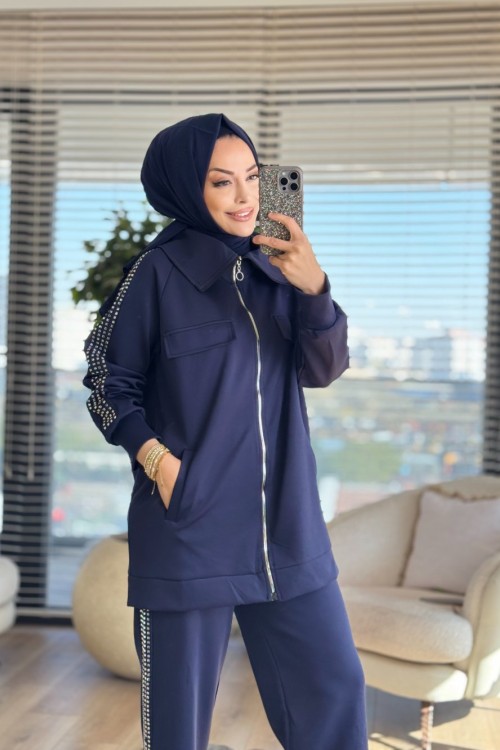 22578 Kol Pant.Yanı Taş Baskılı Takım Lacivert
