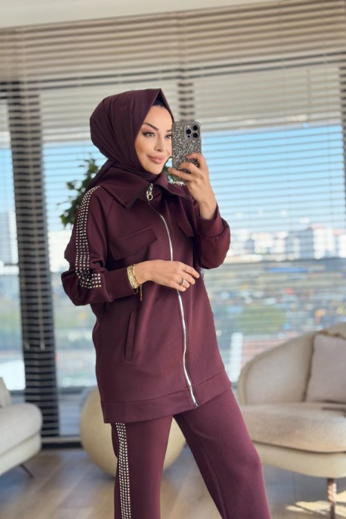 22578 Kol Pant.Yanı Taş Baskılı Takım Bordo