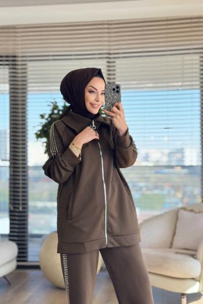 22578 Kol Pant.Yanı Taş Baskılı Takım Kahve
