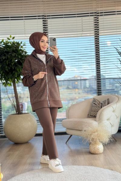 22581 Ön Taş Baskılı Takım Kahve