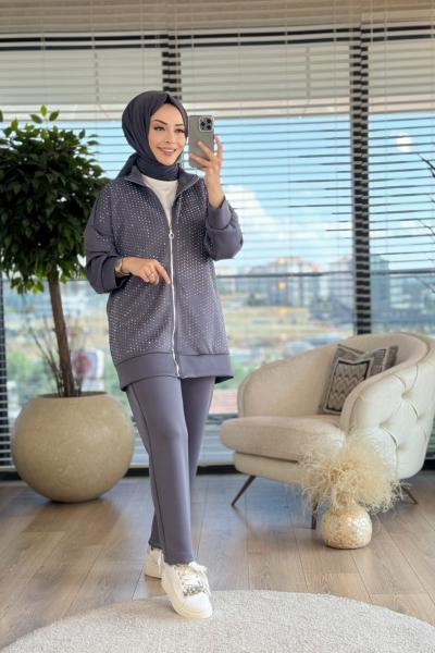 22581 Ön Taş Baskılı Takım Antrasit