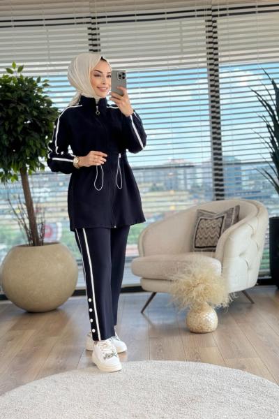 22582 Omuz Ve Kol Şerit Düğme Detaylı Takım Siyah