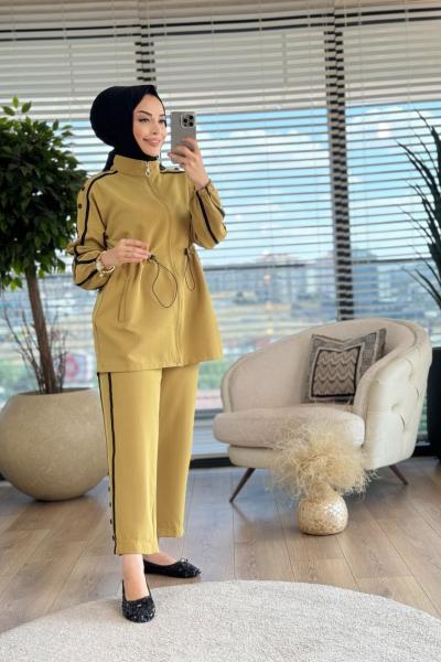 22582 Omuz Ve Kol Şerit Düğme Detaylı Takım Yağ Yeşili