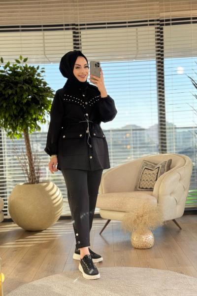 22585 Ön V Parça Üstü İnci İşli Takım Siyah