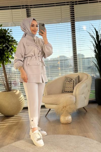 22585 Ön V Parça Üstü İnci İşli Takım Gri