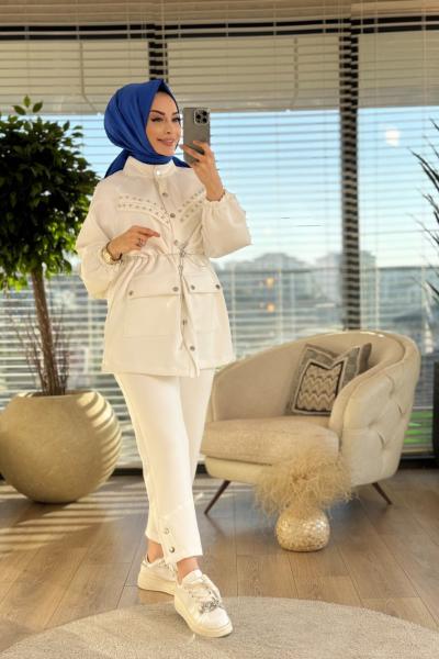 22585 Ön V Parça Üstü İnci İşli Takım Ekru