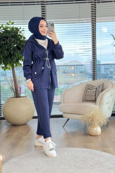 22586 Ön Fermuarlı Bel Büzgülü Takım Lacivert