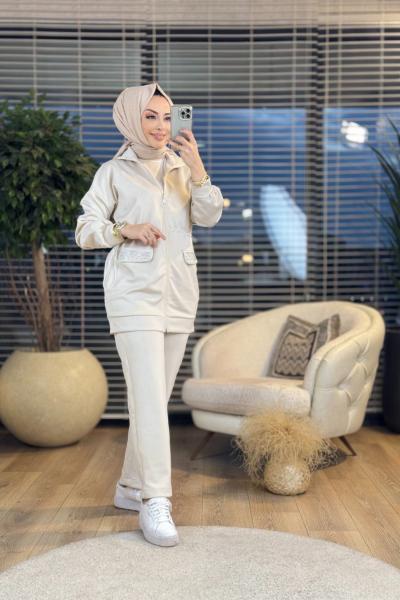 22612 Yaka Ve Cep Kapağı Taş Baskılı Takım Bej