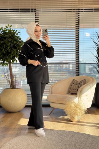 22621 Ön Yaka Taş Biye Detaylı Takım Siyah