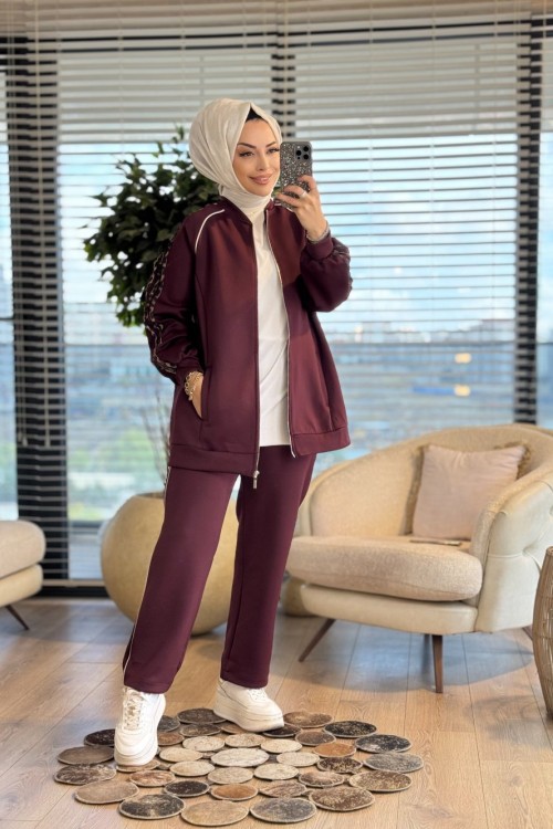 22623 Kolları Leopar Şeritli Takım Bordo