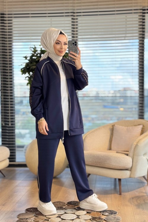 22623 Kolları Leopar Şeritli Takım Lacivert
