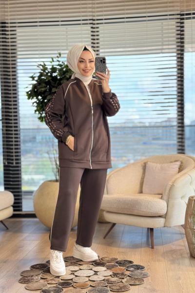 22623 Kolları Leopar Şeritli Takım Kahve