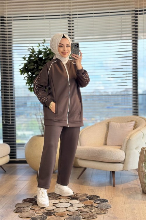 22623 Kolları Leopar Şeritli Takım Kahve