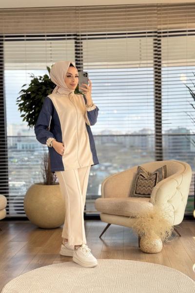 22637 Kolları Kotlu Biye Detaylı Takım Bej