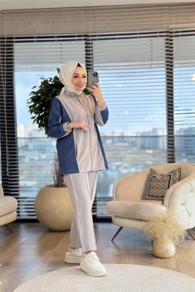 22637 Kolları Kotlu Biye Detaylı Takım Gri