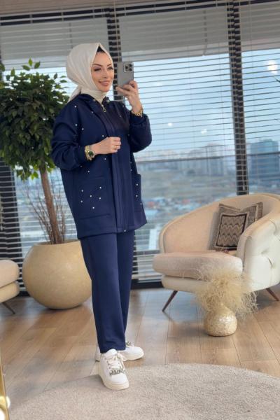 22638 Üst Serpme Taş İşleme Ön Fermuarlı Takım Lacivert