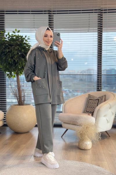 22638 Üst Serpme Taş İşleme Ön Fermuarlı Takım Haki