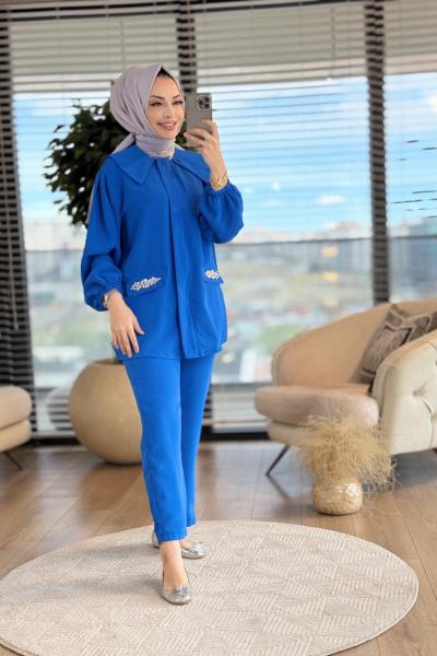 22650 Cep Kapağı Taş İşlemeli Takım Saks