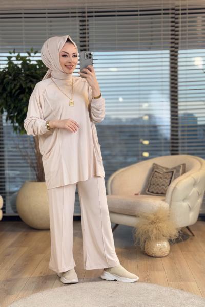22652 Ön Dikiş Ve Cep Detaylı Takım Bej