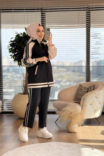 22654 Şeritleri Taş Detaylı Takım Siyah