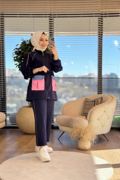 22661 Biye Detaylı Renkli Cepli Takım Lacivert