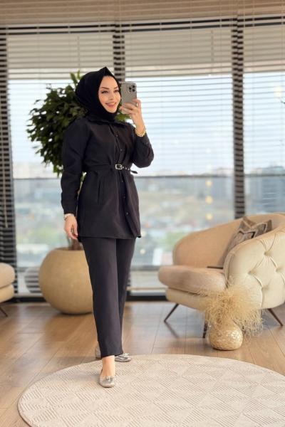 22676 Ön Dikiş Ve Cepli Kemerli Takım Siyah