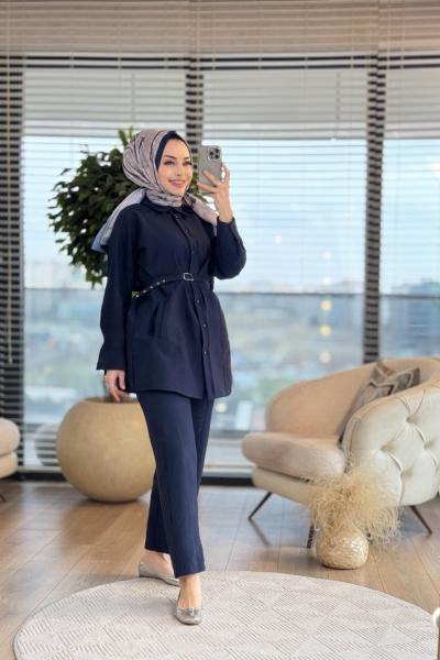 22676 Ön Dikiş Ve Cepli Kemerli Takım Lacivert