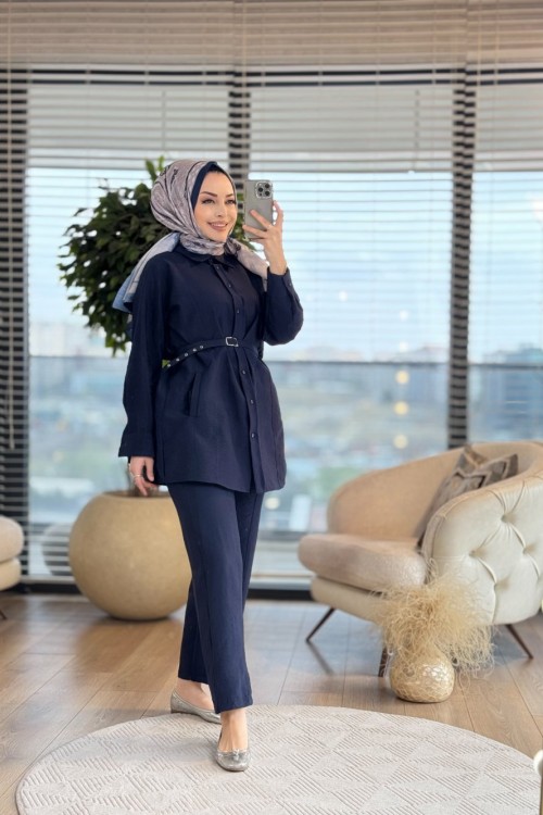 22676 Ön Dikiş Ve Cepli Kemerli Takım Lacivert