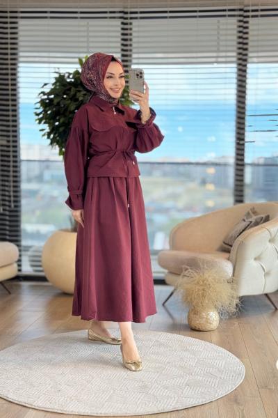 22680 Ön Cep Kapaklı Fermuarlı Etekli Takım Bordo
