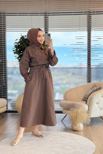 22680 Ön Cep Kapaklı Fermuarlı Etekli Takım Kahve