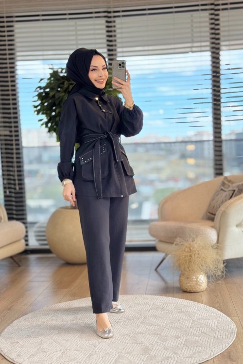 22681 Patı 3 Düğme Cebi Zımbalı Takım Siyah