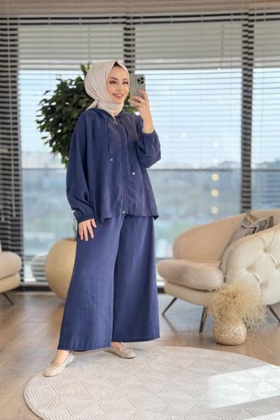 22683 Kapşonlu Ön Fermuarlı Takım Lacivert