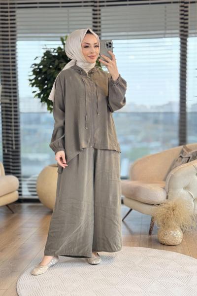 22683 Kapşonlu Ön Fermuarlı Takım Haki