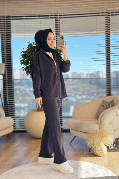 22688 Kol Ve Pantolon Yanı Düğme Detaylı Takım Siyah