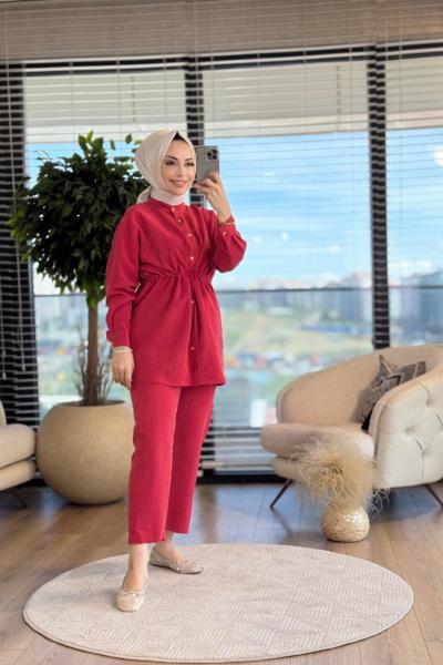 22626 Kendinden Çizgili Beli Bağcıklı Takım Kırmızı
