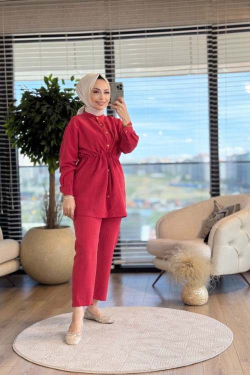22696 Kendinden Çizgili Beli Bağcıklı Takım Kırmızı